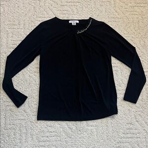 Liz Claiborne Petite medium elegant romantic black stretch top embellished neck